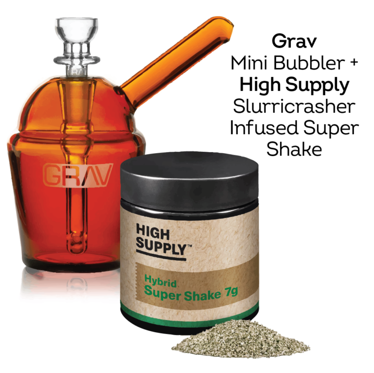 Grav Mini Bubbler in bright orange, paired with High Supply Slurricrasher Infused Super Shake, a potent cannabis shake infused with fruity, creamy flavors. Ideal for smooth and powerful smoking sessions at home.