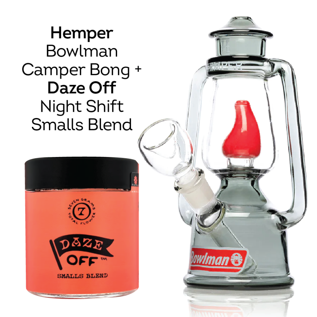 Hemper Bowlman Camper Bong, a unique camping lantern-shaped bong, alongside Daze Off Night Shift Smalls Blend, a budget-friendly hybrid cannabis strain with earthy, floral notes. Great for laid-back evenings.