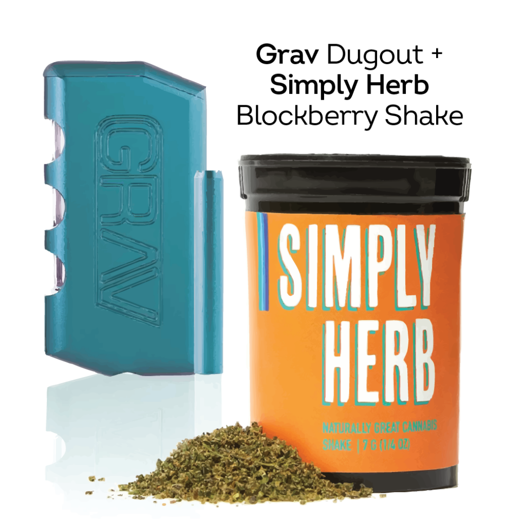 Grav Dugout, a sleek and portable one-hitter tool, paired with Simply Herb Blockberry Shake, an indica cannabis product with blackberry and citrus flavors. A discreet and flavorful option for on-the-go cannabis users.