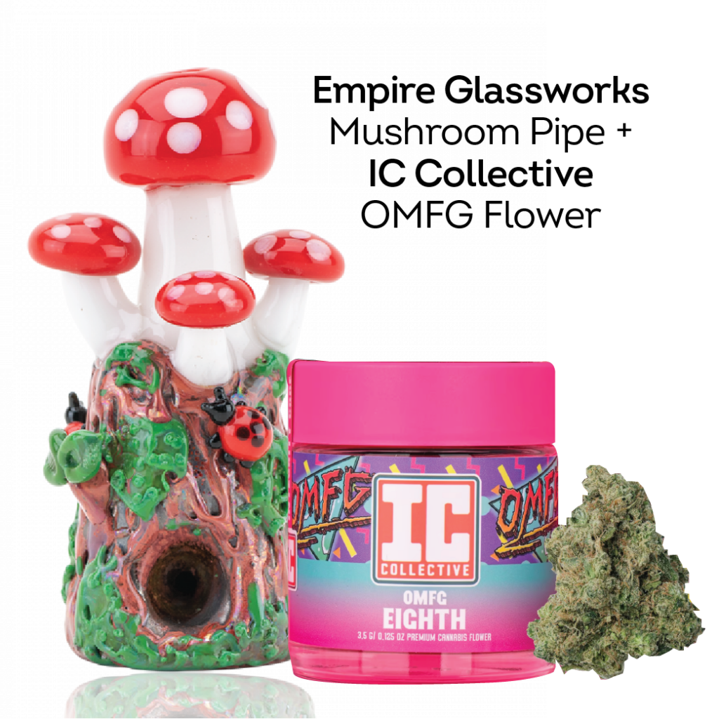 Empire Glassworks Mushroom Pipe with intricate mushroom and ladybug details, paired with IC Collective OMFG Flower, a hybrid cannabis strain with sweet, minty notes. A whimsical pairing for cannabis lovers.