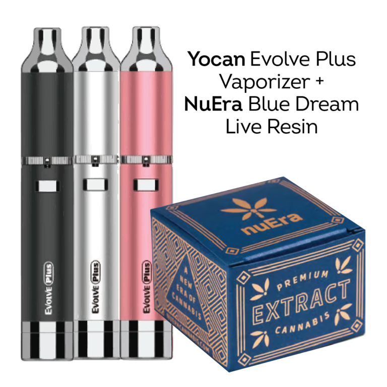 Yocan Evolve Plus Vaporizer, a portable vape pen for cannabis concentrates, paired with NuEra Blue Dream Live Resin, a high-quality sativa cannabis extract with sweet berry flavors and uplifting effects.